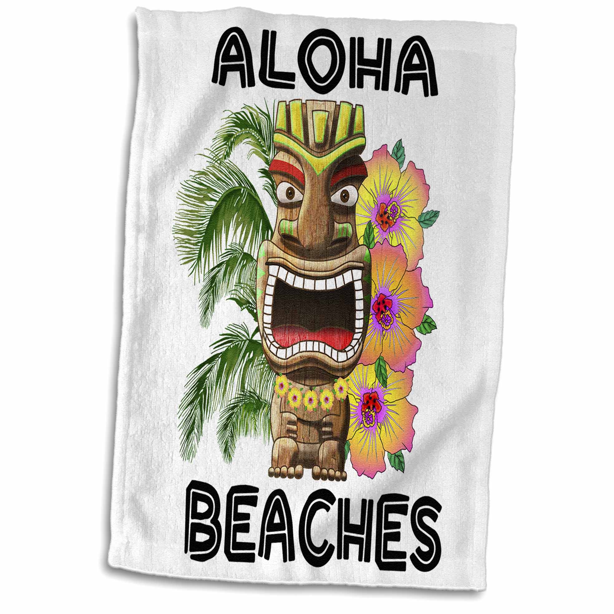 3dRose Funny Hawaiian Aloha Beaches with Tiki, hibiscus flowers, palm