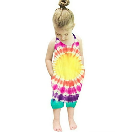 

CenturyX Infant Baby Girls Tie-dye Romper Summer Sleeveless Halter Backless Jumpsuit One-piece Playsuit with Pockets Yellow 6 Years