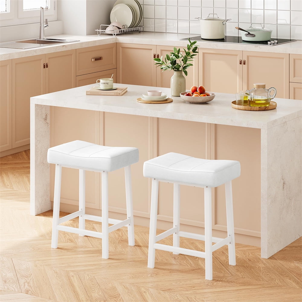 Bar Stools, Set of 2 Bar Chairs with PU Upholstered Saddle Seats, Kitchen Stools, 24" Modern Backless Counter Height Stool for Kitchen Island Bar