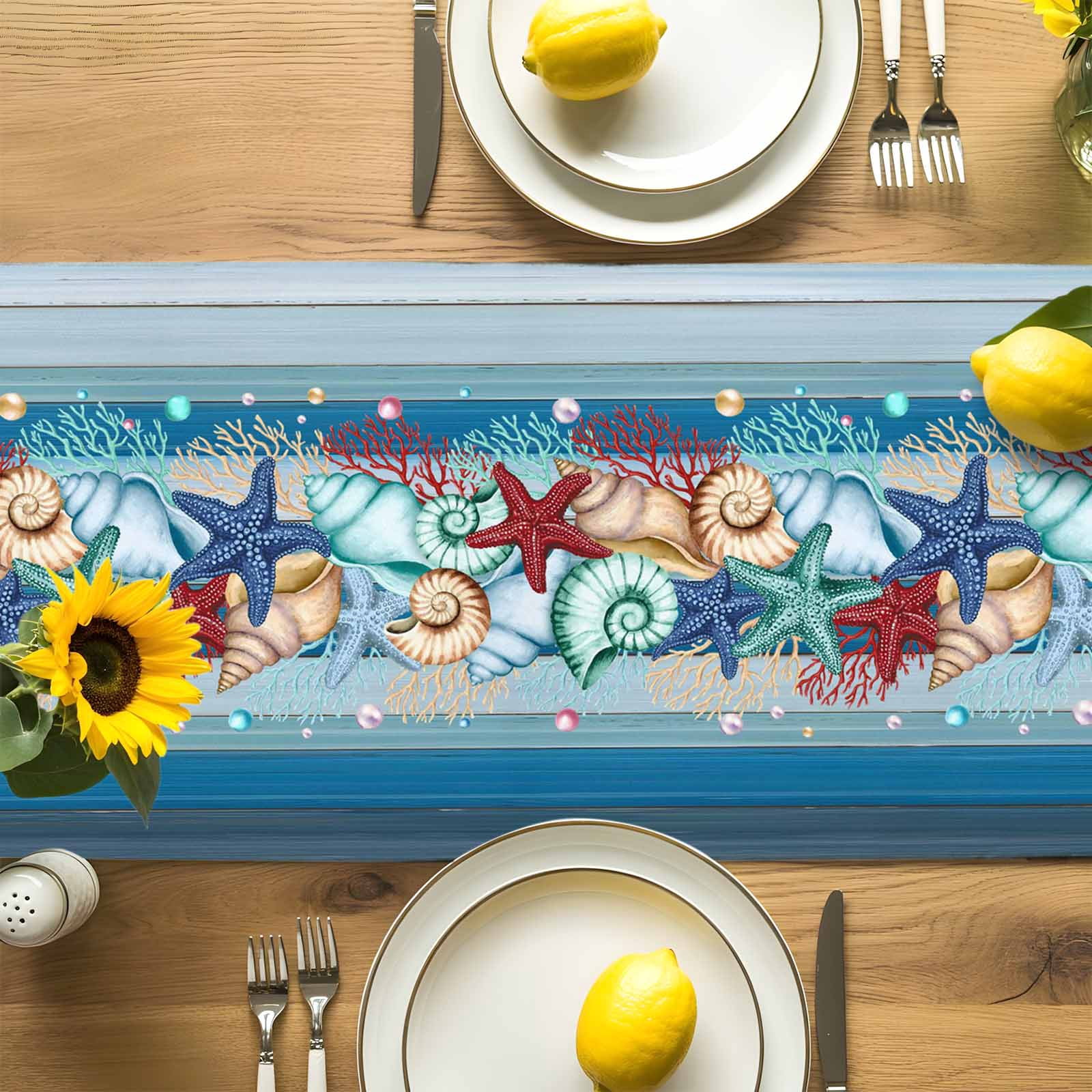 Watercolor Marine Life Starfish Table Runner 90 Inches Long, Blue Wood Grain Table Runners Tabletop Scarf Kitchen Dining Tables Decoration for Home Party Indoor Outdoor