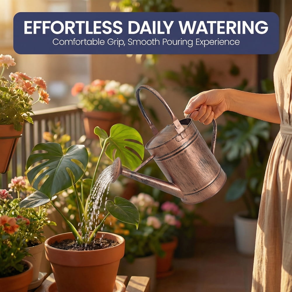 1-Gallon Steel Watering Can with Removable Sprinkler Head Ideal for Indoors & Outdoors, Copper
