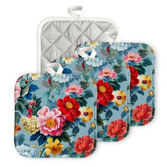 Bahomeck Heat Resistant Hot Pads 4 Pack Vintage Florals With Colorful Flowers Square Pot Holder For Kitchen Cooking Oven And Bbq Grill With Hanging Loop Potholder Machine Washable