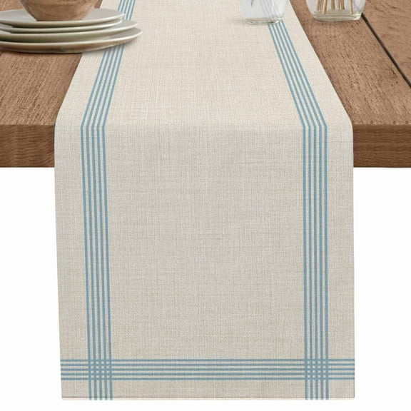 Light Blue Striped on Vintage Linen Table Runner-70 Inch Long Modern Abstract Art Table Runners Linen Burlap Tablerunner for Kitchen Dining Room Holiday Party