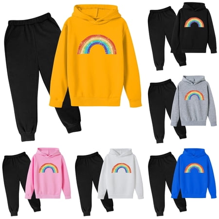 Krdevn Toddler Boys Girls Back To School Clothes Retro Faded Rainbow Graphic Hooded Sweatshirt and Solid Black Stretch Waist Sweatpants 2 Piece Daily Outfit Set 4-5 Years Yellow