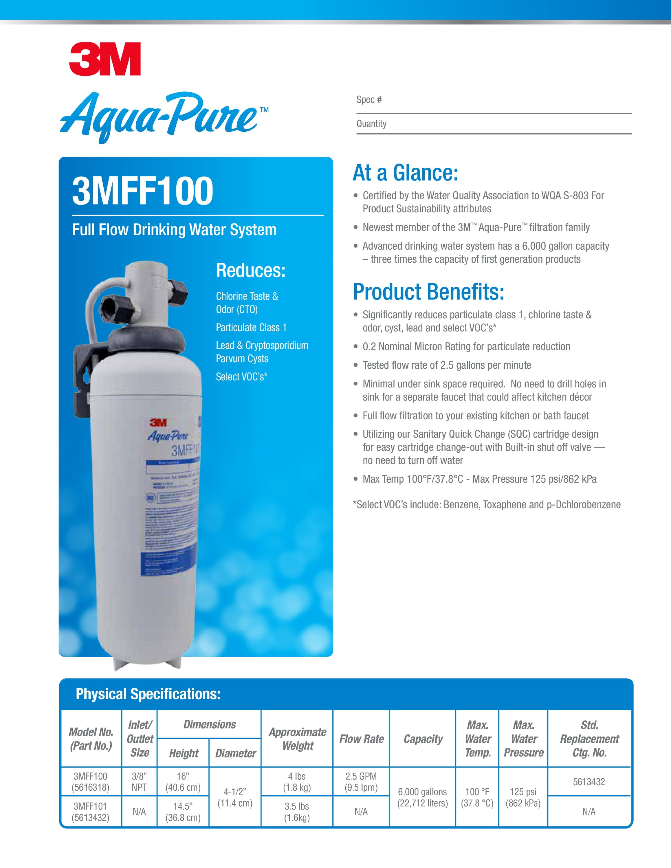  Aqua-Pure Filtro de agua de repuesto de flujo completo para  debajo del fregadero 3MFF101, para Aqua-Pure System 3MFF100, cambio rápido  sanitario, reduce partículas y olor, compuestos orgánicos : Herramientas y  Mejoras