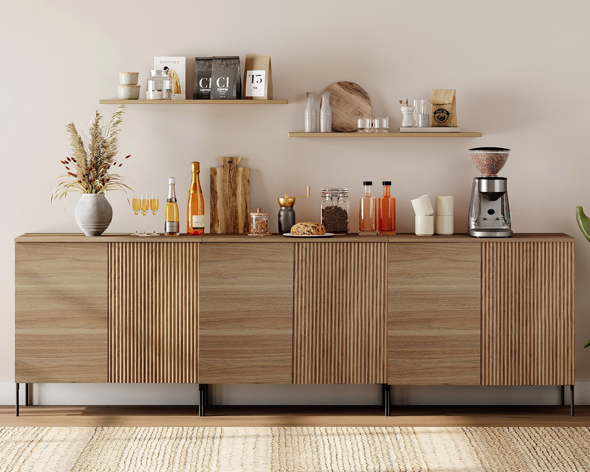 94.5" Wooden Fluted Sideboard with 6 Doors and Adjustable Shelves, 3-In-1 Modern Credenza Storage Cabinet for Kitchen, Dining Room