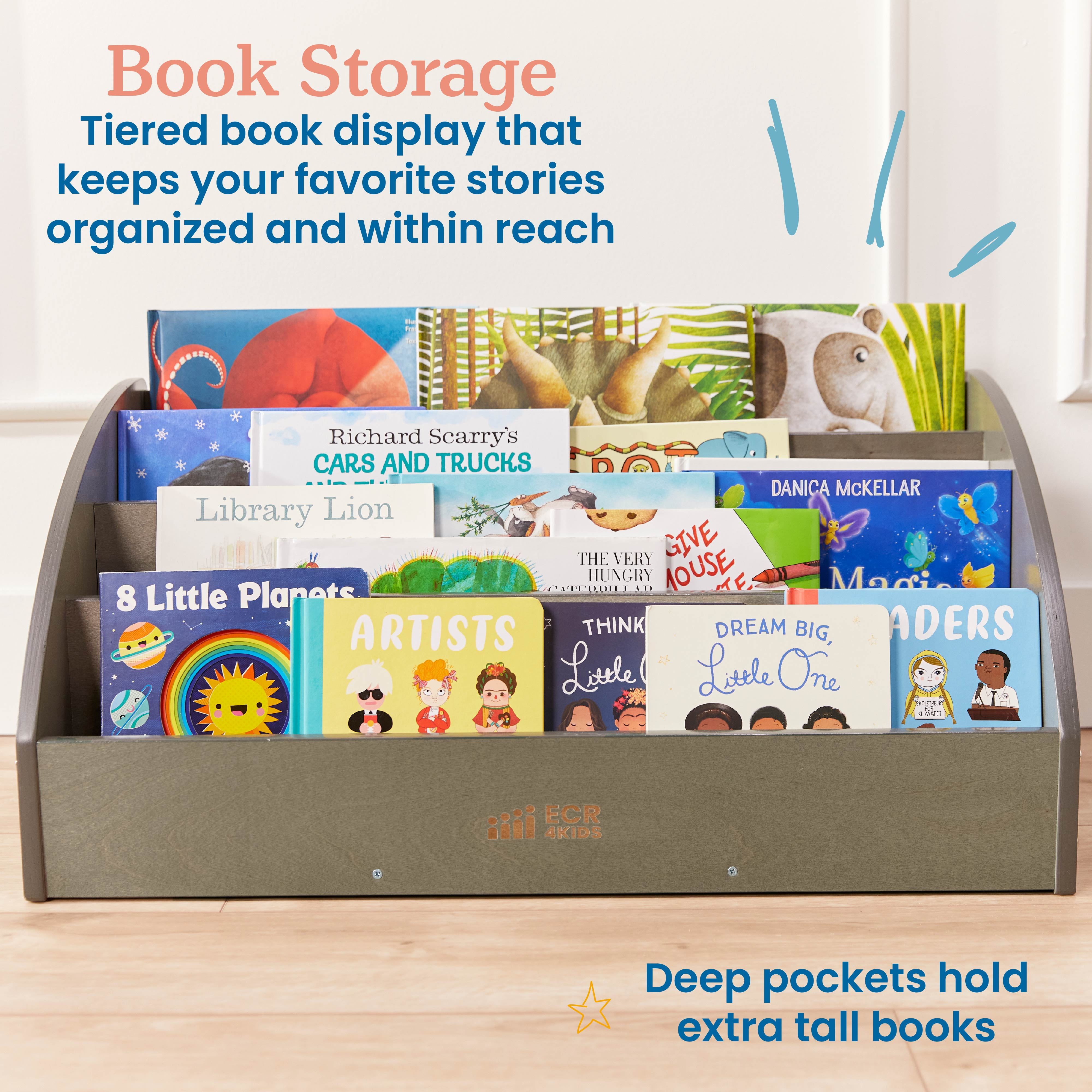 ECR4Kids Wooden Forward-Facing Toddler Book Display, Beginner Bookshelf, Grey Wash