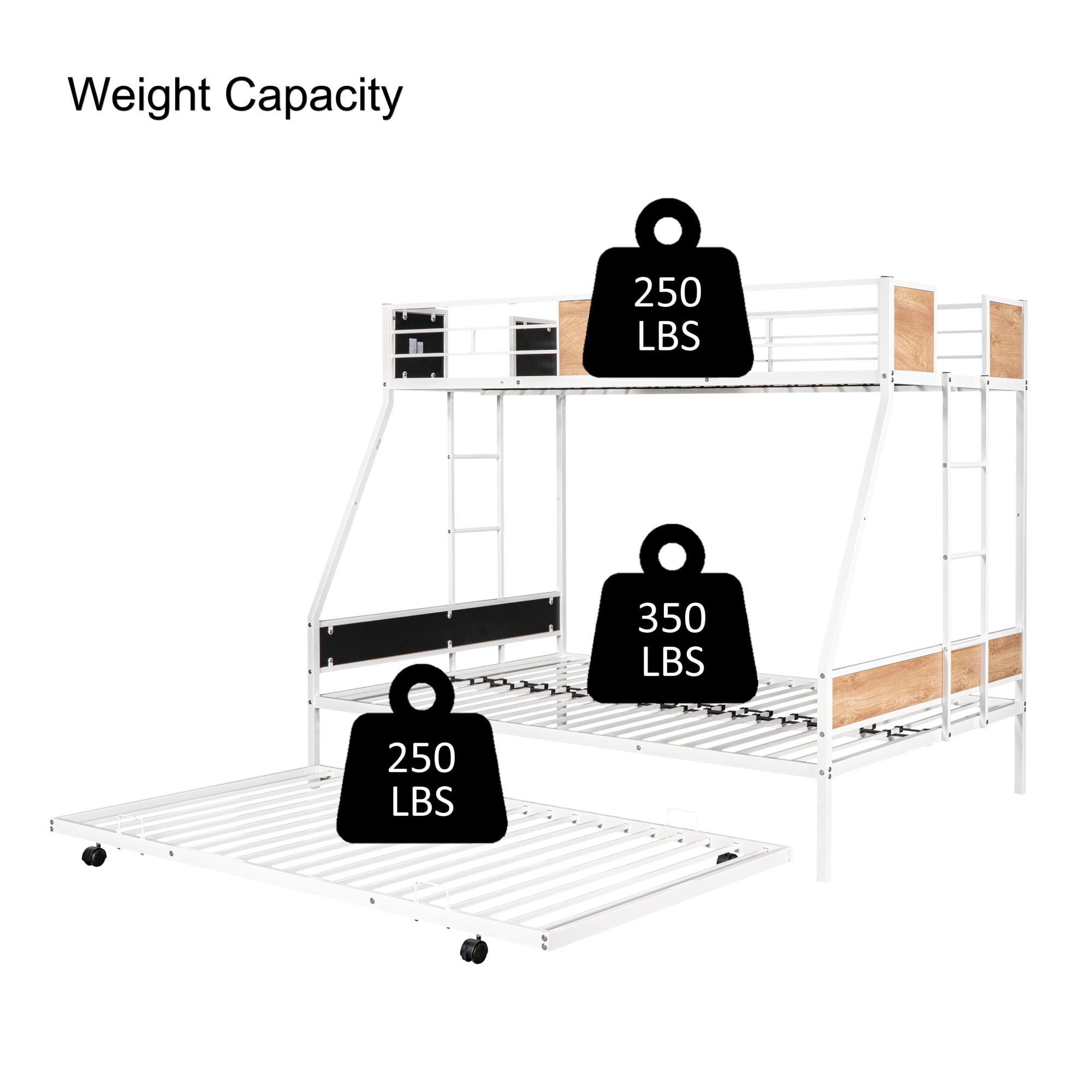 Gewnee Twin over Full Metal Bunk Bed with Trundle and  Two Ladders for Kids Room, White