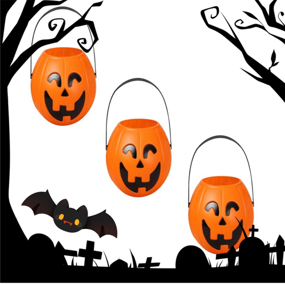 2025 Pumpkin Bucket Halloween Candy Bucket - Trick or Treat Bucket for Kids, Jack - O - Lantern Shaped, Lightweight Reusable (3PCS)