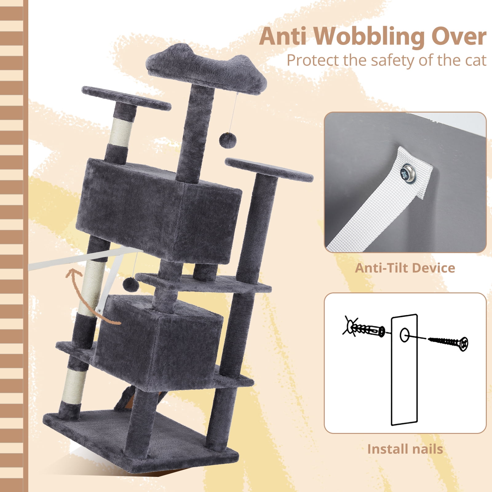 Cat Tree, 54-Inch Cat Tower with Sisal Scratching Post, Multi-Level Plush Cat Tree with Climbing Ladder, Dark Gray