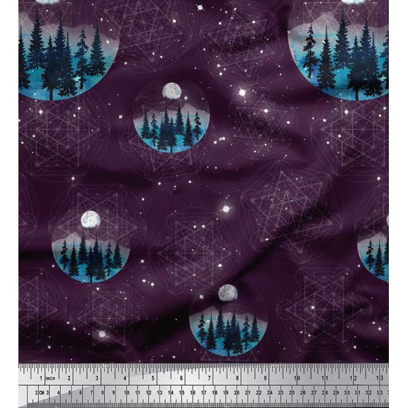 Soimoi Velvet Fabric Tree,Moon & Sacred Geometry Galaxy Print Sewing Fabric Yard 58 Inch Wide