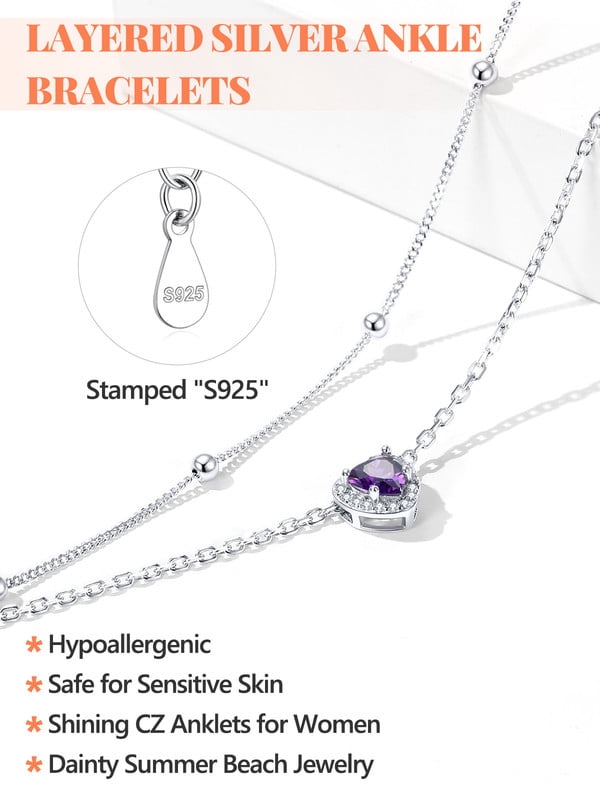 Silvora Silver Birthstone Ankle Bracelets for Women Waterproof Layered Anklets Beaded Chain Adjustable Anklet Heart Gemstone Ladies Jewelry Gifts, February
