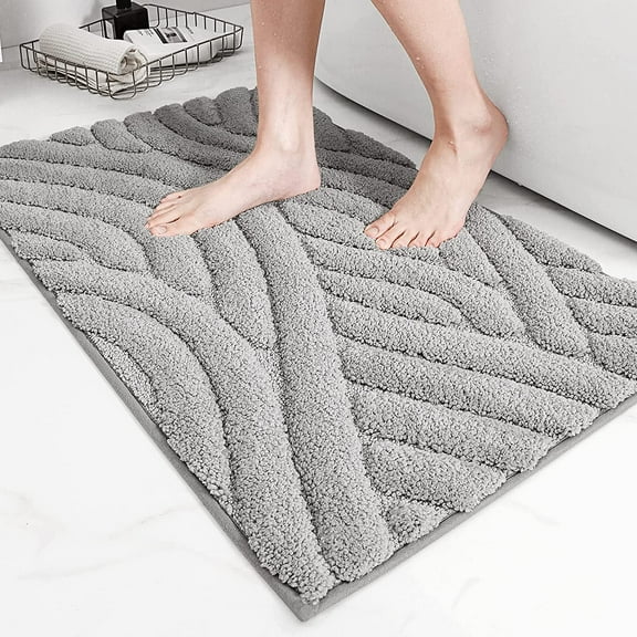 PABUBE Textured Gray Microfiber Bathroom Rug, 16"x24", Soft and Absorbent Bathroom Mat, Non-Slip, Machine Washable, Quick Dry Floor Carpet for Shower or Tub