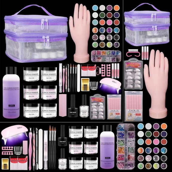 Professional 6PCS Nail Powder Liquid Set with UV Lamp Manicure Acrylic Practice Hand Nail Kit with bag for Starter Home Salon Beginners