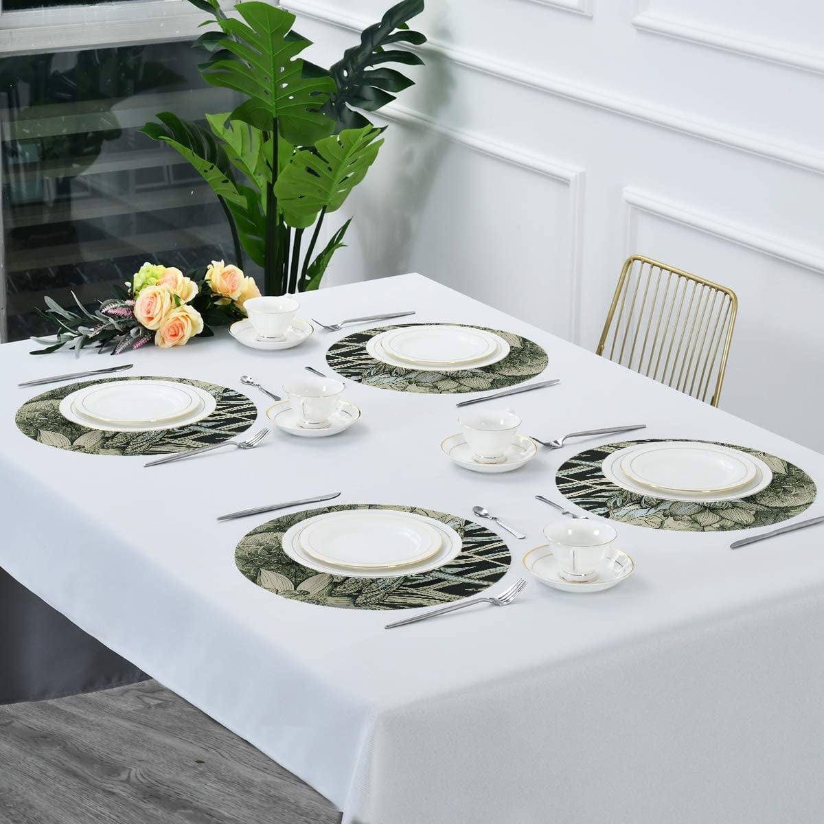 Round Placemats Set of 6 Vintage Dragonfly Polyester Table Placemats Washable Heat Resistant Non-Slip Table Mats for Dining Table