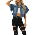 thumbnail image 1 of Blusas de mezclilla INSPIRE CHIC para mujer, con volantes, de manga corta, liviana, con dobladillo peplum, camisa de mezclilla azul, talla XS, 1 of 1