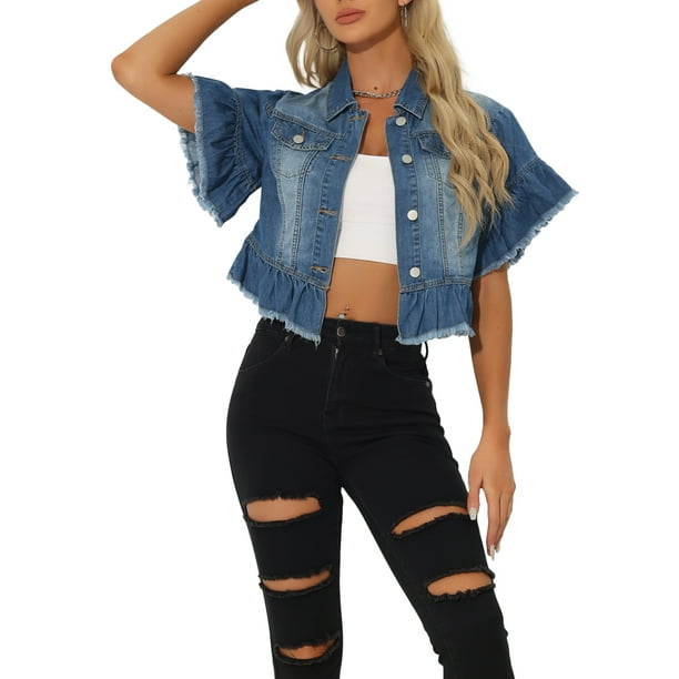 INSPIRE CHIC Camisas de mezclilla para mujeres con mangas cortas con volantes y dobladillo peplum azul L