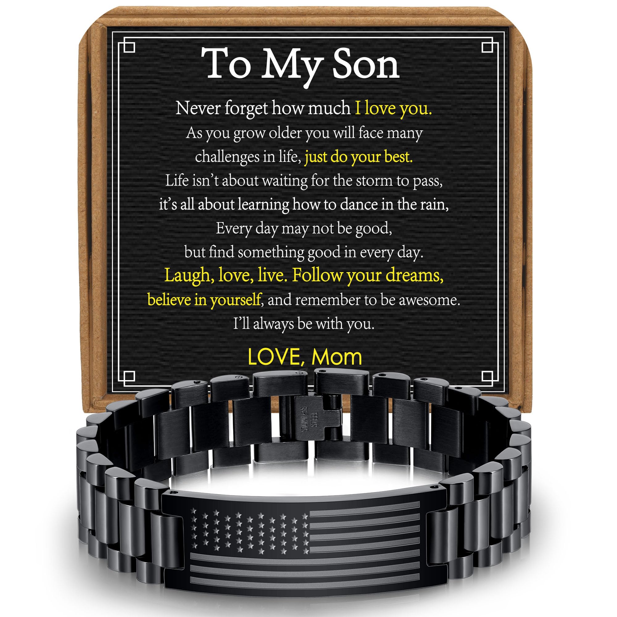 APSVO Black American Flag Watch Link Bracelets for Men Boys to My Son Gifts from Mom Birthday Graduation Fathers Day Jewelry Gifts Teen Tween Preteen Son Teenage Adults Kids Age
