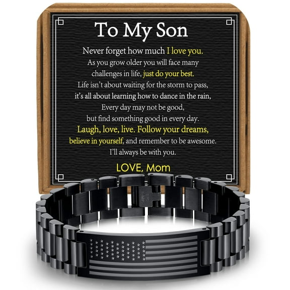 APSVO Black American Flag Watch Link Bracelets for Men Boys to My Son Gifts from Mom Birthday Valentines Day Jewelry Gifts Teen Tween Preteen Son Teenage Adults Kids Age