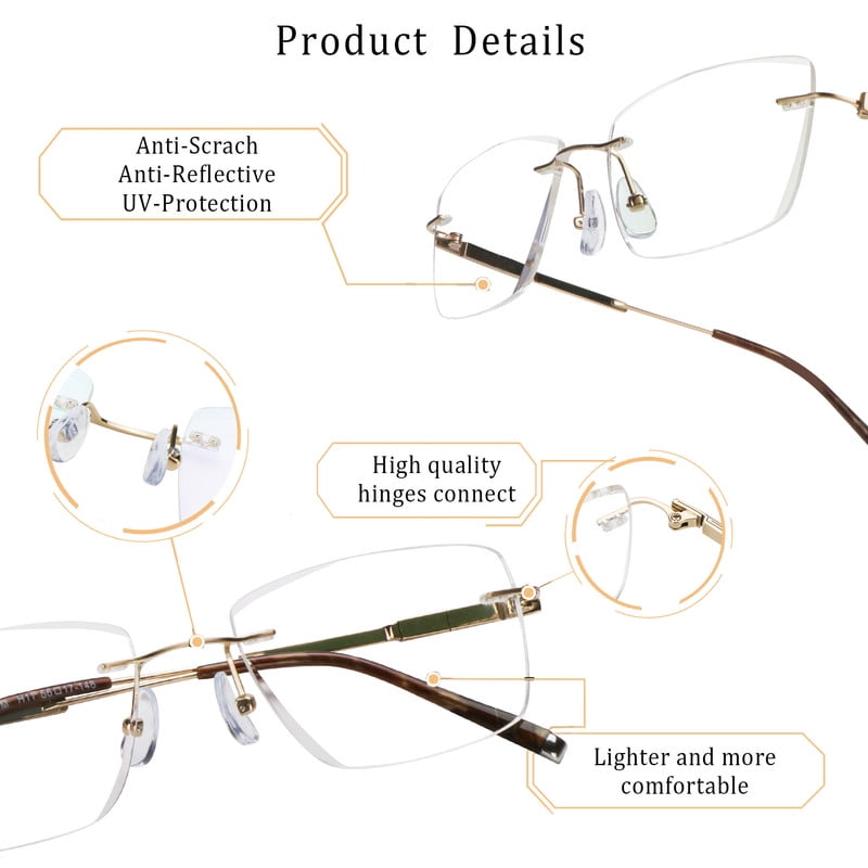 LifeArt Blue Light Blocking Glasses,Computer Reading Glasses,Titanium Rimless Frame,Stylish for Men&Women(Golden,+3.50 Magnification)