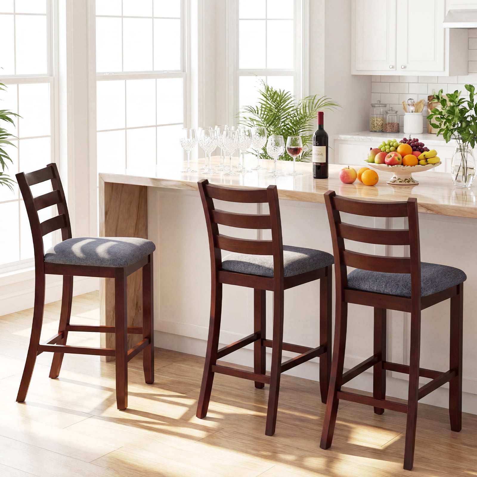 Gymax Bar Stools Set of 4 Upholstered Counter Height Barstools w/ Padded Seat Footrest & Backrest Farmhouse