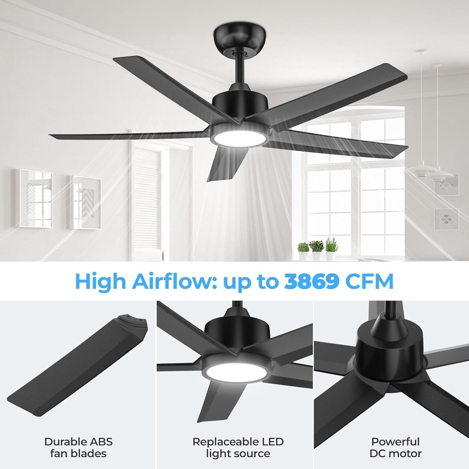 44 Inch Black 5-Blade Modern Ceiling Fan with Dimmable 3CCT LED Light, Reversible DC Motor, Wireless Remote & 2/4/8H Timer for Living Room Bedroom Kitchen