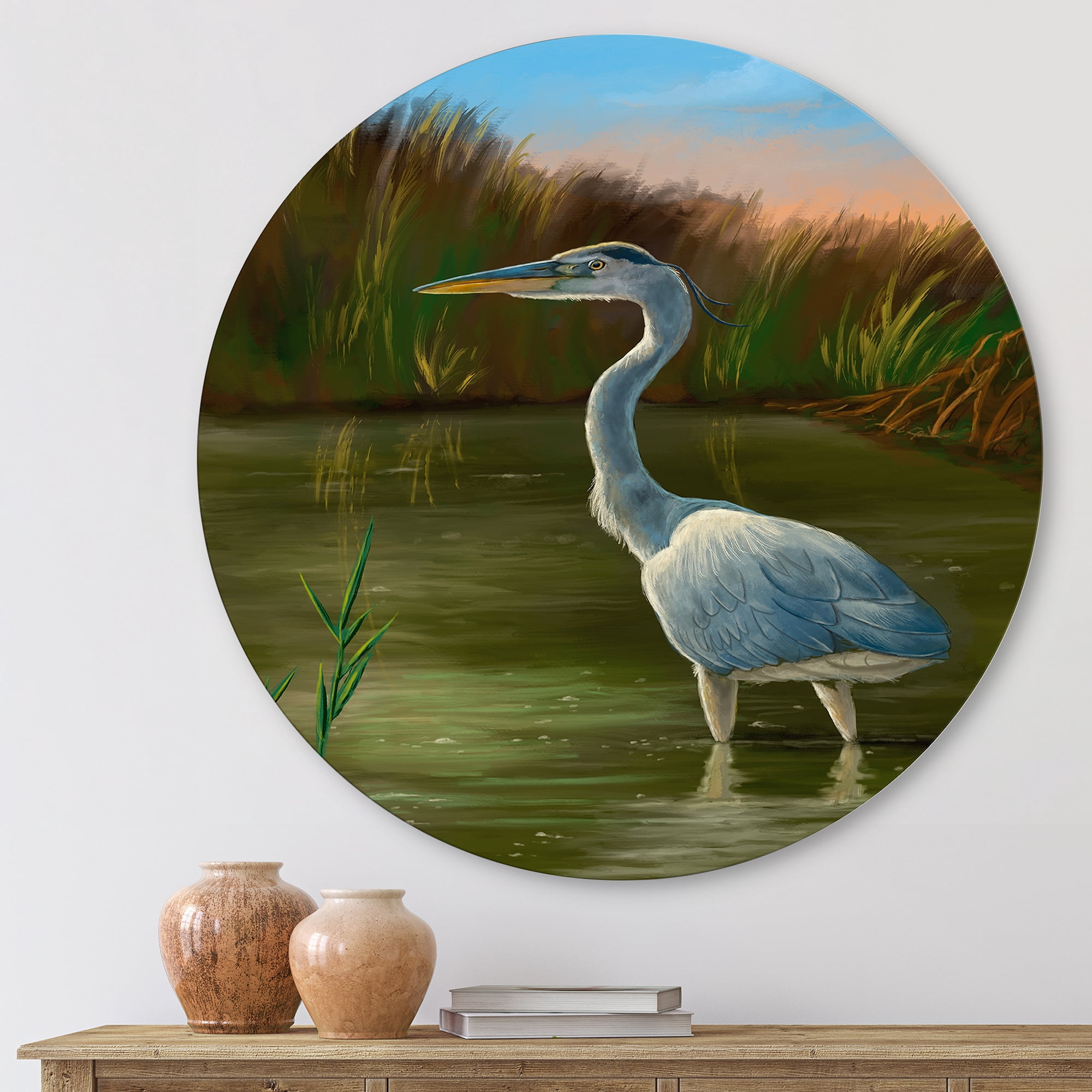 Designart 'Blue Heron Wetland Bird on The Lake Shore' Traditional Circle Metal Wall Art 11x11 - Disc of 11