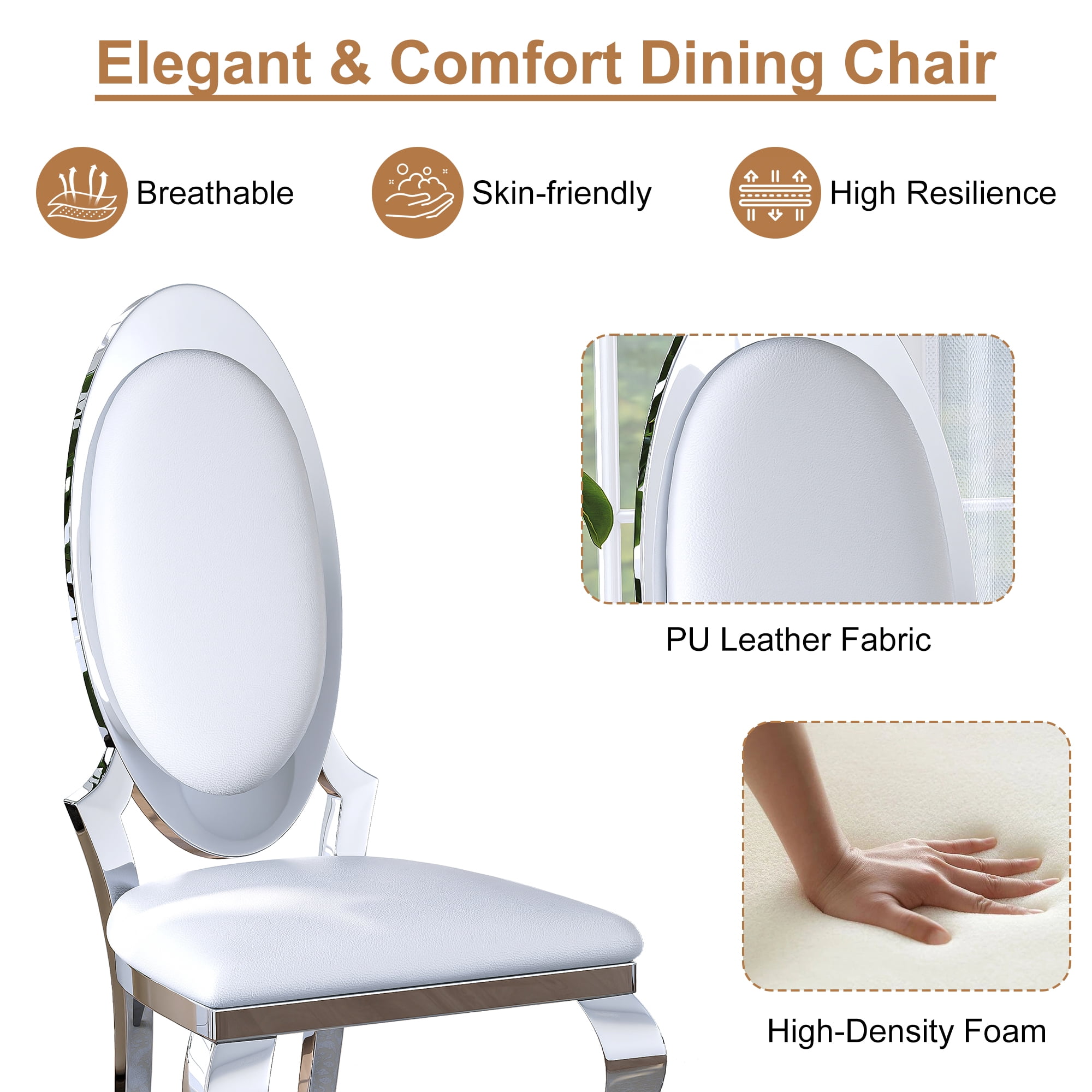 Luxury Dining Chairs Set of 4, Oval Back PU Upholstered Chairs with Stainless Steel Cabriole Legs, Dining Chairs for Kitchen, Living Room, Office