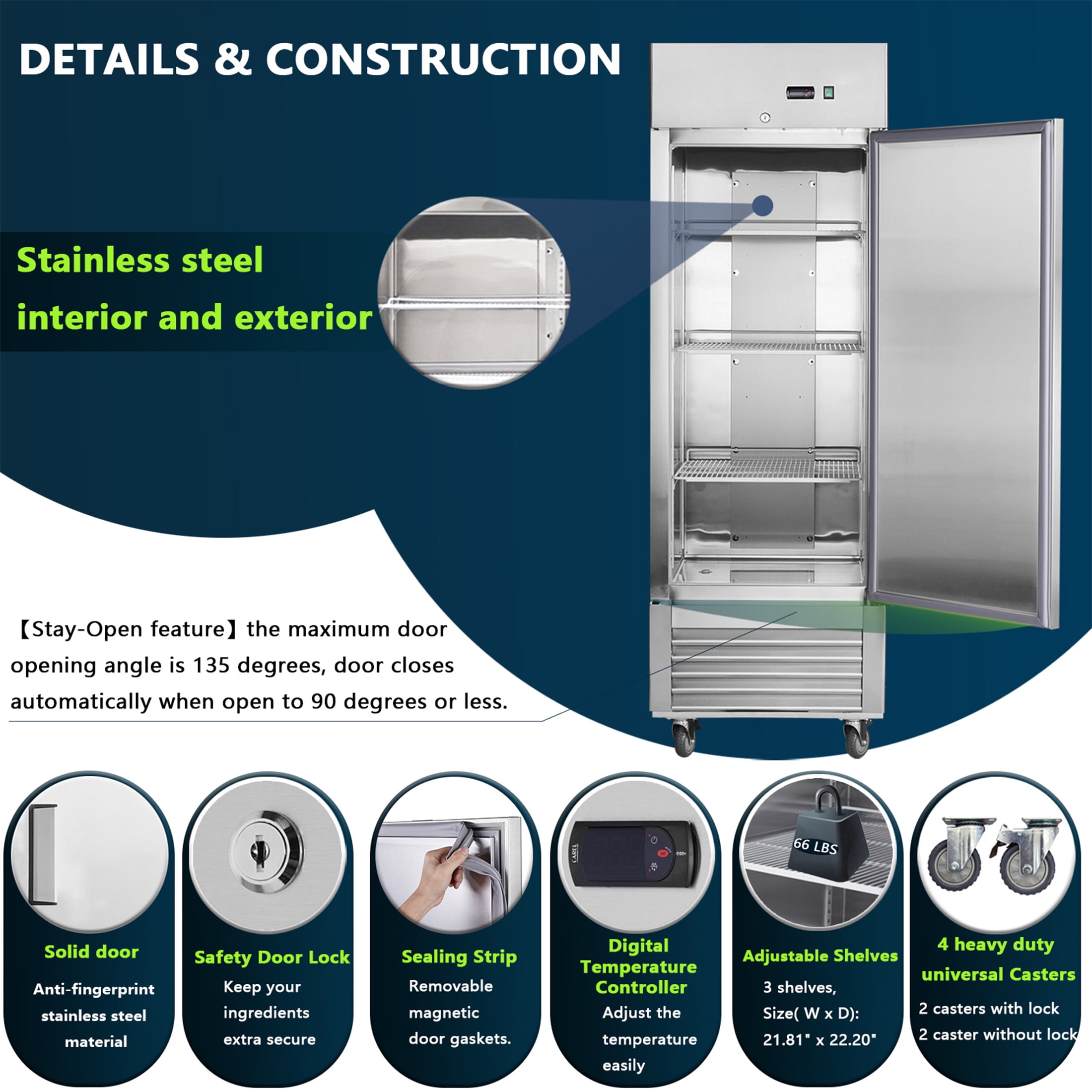 27" W Commercial Refrigerator, Commercial Refrigerator Freezer Combo with 3 Adjustable Shelves, 33 ℉ ~39 ℉   Adjustable Temperature, 18.68 Cu.ft Capacity, for Restuarant Kitchen Shop