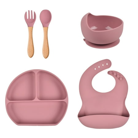

TIERPOP 5 Pcs Baby Silicone Bibs Divided Dinner Plate Sucker Bowl Spoon Fork Set Training Feeding Food Utensil Dishes Tableware Kit for Newborn Toddlers Infants Gifts