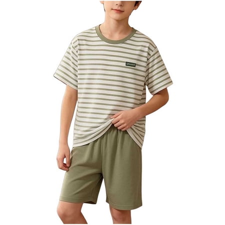 Cethrio Boys Pajama Sets Short Sleeve Summer 2 Piece Knitted Stripe Boys Sleepwear Army Green Size 3-4 T