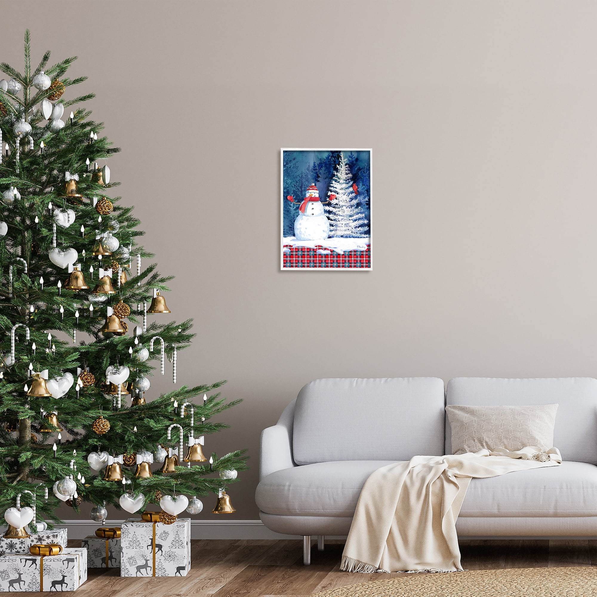 Stupell Industries Winter Snowman on Plaid Holiday Painting White Framed Art Print Wall Art, 16 x 20