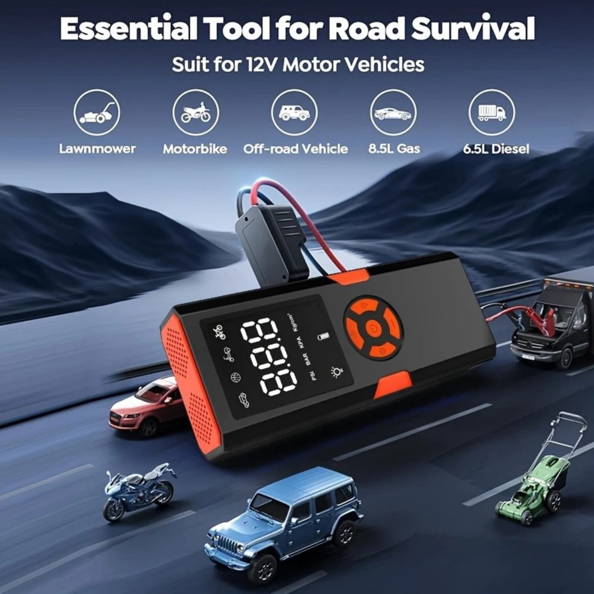 AIMAYA Jump Starter with Air Compressor,4500A Car Battery Jump Starter Portable (10L Gas/8L Diesel), 12V Jump Start Battery Pack Jump Box with Smart Jumper Cables, Tire Inflator, LED Light