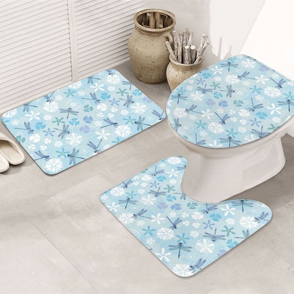 Bathroom Rugs Sets 3 Piece - Dragonfly Flower Light Blue Absorbent Non Slip Bath Mats, U-Shape Toilet Lid Cover, Contour Mat, Soft Washable Shower Mats Bath Rug Mat for Bathroom Tub Toilet