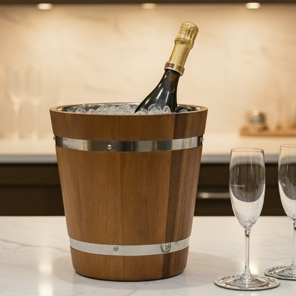 Woodard & Charles Acacia Wood Champagne Bucket / Wine Chiller with Stainless Steel Liner, 8.75" x 9"