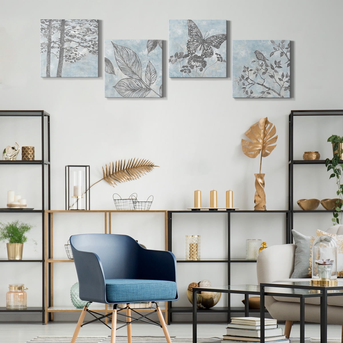 Wexford Home Blue Watercolor Natural Life Wall Art, 16 x 16 inches Set of 4 Blue bird Butterfly Forest Pictures Prints Wall Décor for Living Room Bedroom Bathroom