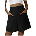 thumbnail image 3 of USSUMA Workout Shorts Women Solid Color Pull-on Elastic Mid Waist Shorts with Pockets Trendy Shorts Linen Wide Leg Regular Fit Flowy Shorts for Street Black, 3 of 5
