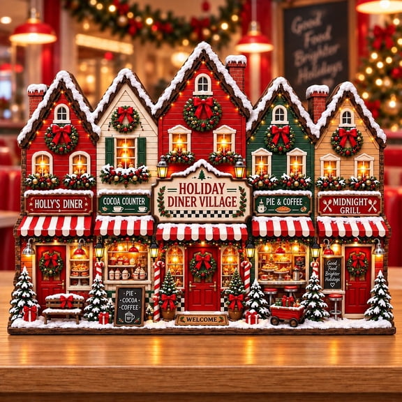 Christmas Village Wooden Block, Holiday Diner 3-Layer Tabletop Display for Seasonal Decor