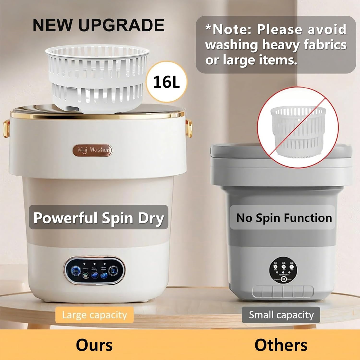 Portable Washing Machine with Spin Basket, Upgraded 16L Foldable Mini Washer【5-Min Wash・3-Min Spin・1-Year Manufacturer Warranty】Small Washing Machine for Travel, Dorms, RVs, Camping (Gray)