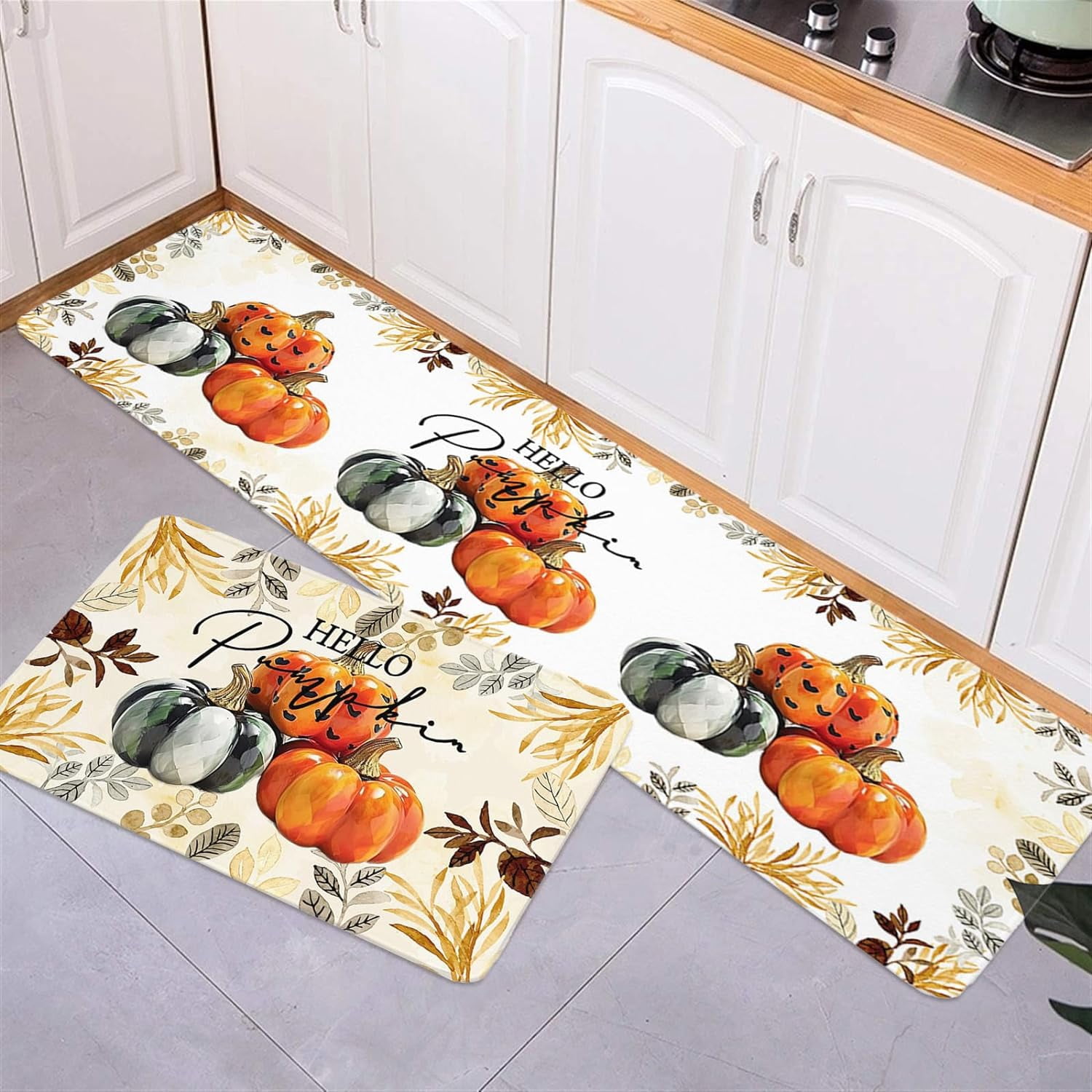 Hello Pumpkins Kitchen Floor Mats, Mid Century Boho Leaf Plant 2 PCS Anti Fatigue Area Runner Rugs Set Watercolor Botanical Non-Slip Bathroom Comfort Standing Mat Home Decor