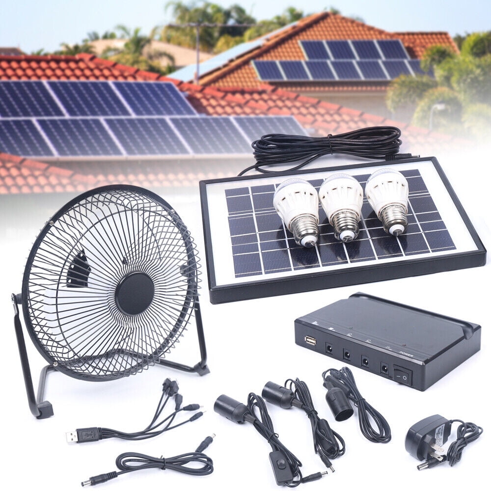Solar Power Energy Lighting System Kit for Outdoor, 3 LED Lights, 1 Fan, 1 Solar Panel