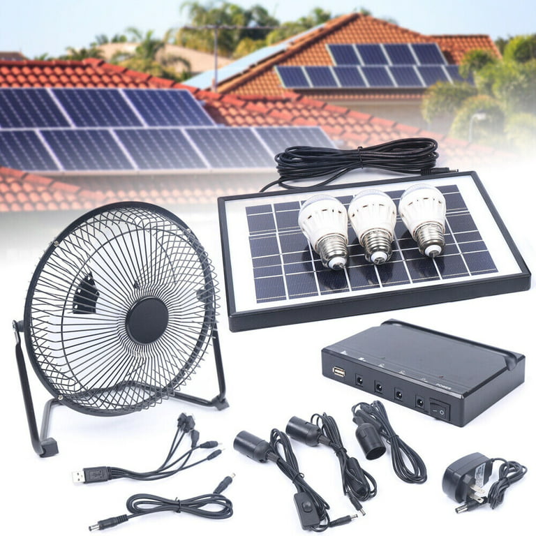 Miduo Solar Power Energy Lighting System Kit Set w/ 3 LED Lights 1*Fan 1 Solar Panel, Size: 43.50 * 14.50 * 33.20cm, Black