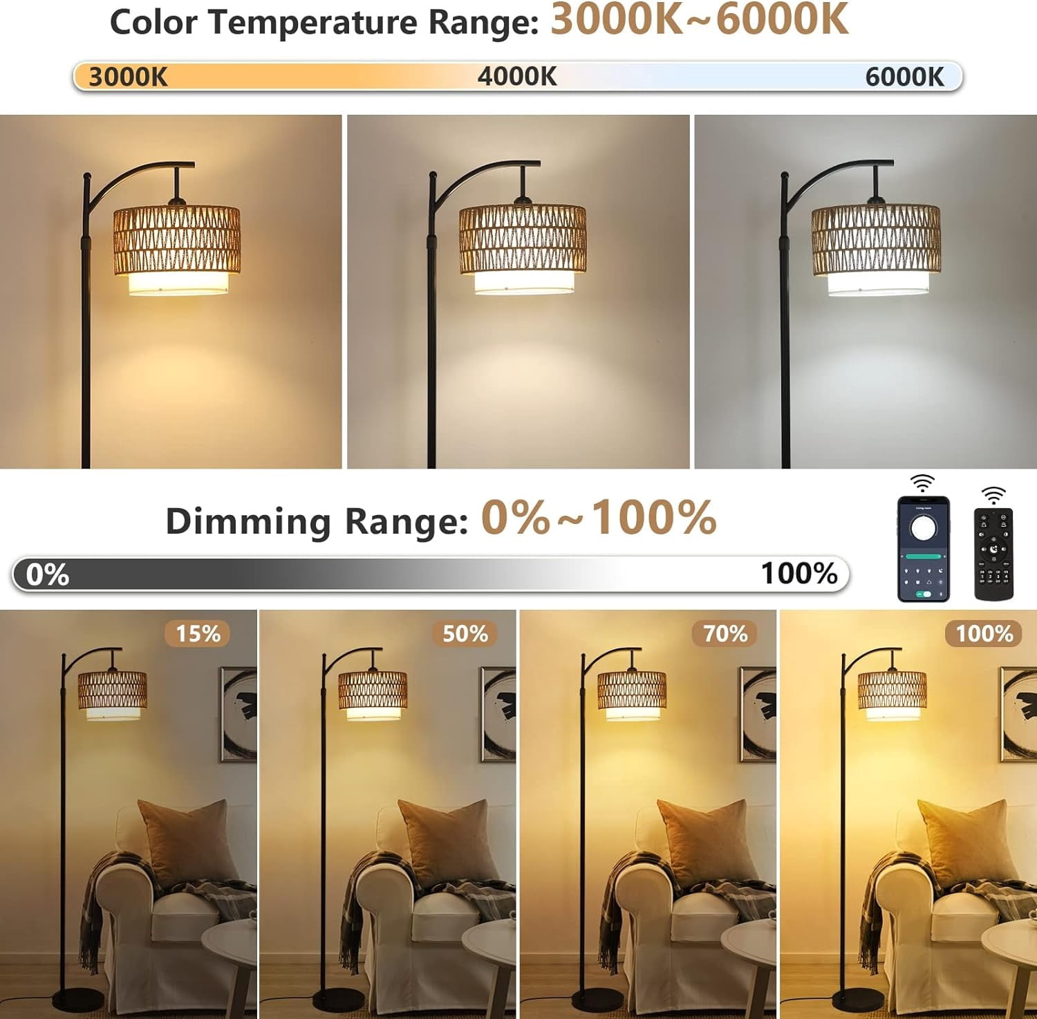 Arc Floor Lamp with Rattan and Fabric Shades, Dimmable, Remote Control, Adjustable Height