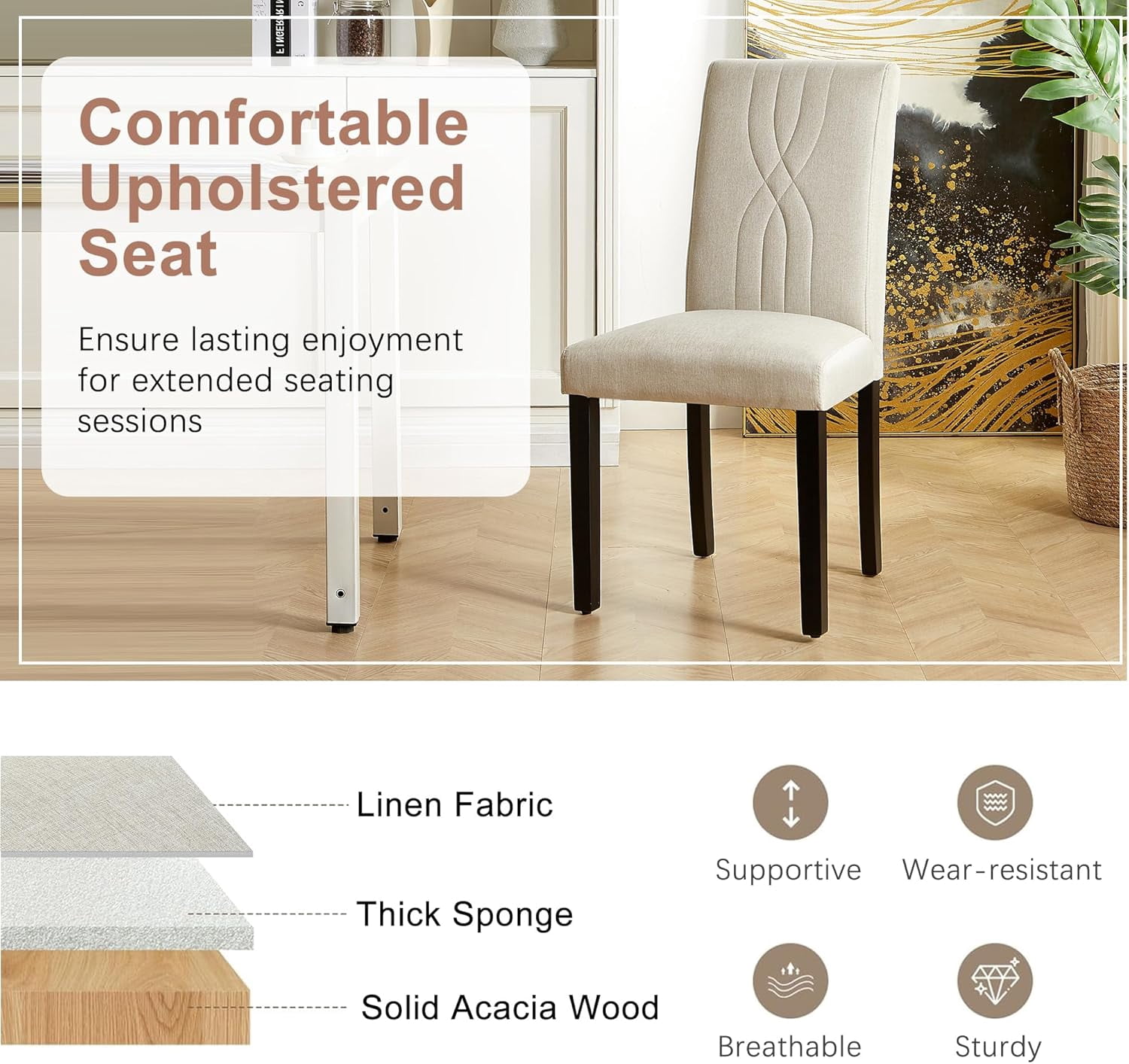 VECELO Upholstered Dining Chairs, Modern Fabric High Back Chair with Wood Legs for Kitchen, Living Room, Set of 4, Beige