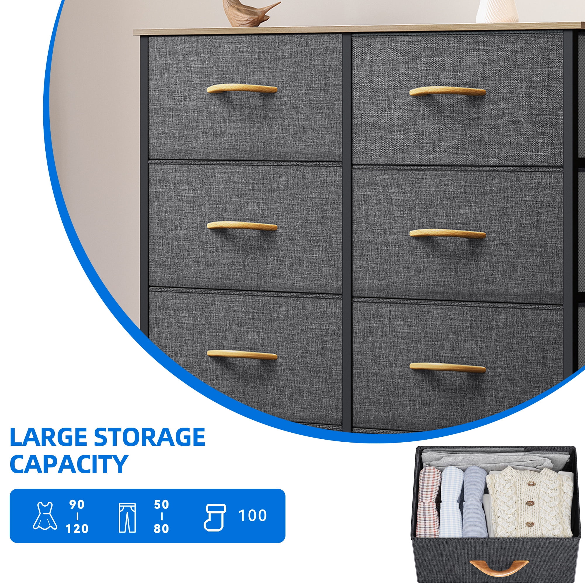 Uforic 10-Drawer Fabric Dresser for Adults, Tall Storage Chest with Steel Frame & Wooden Top, Gray