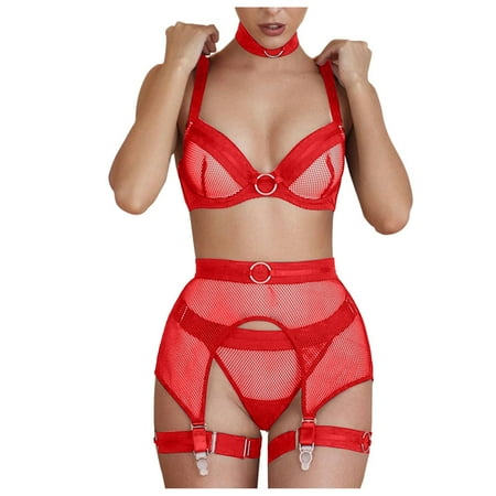 

EHTMSAK Sexy Lingerie for Women with Garter Mesh 3 Piece bra and Panty Set Bralette Sleepwear Red L