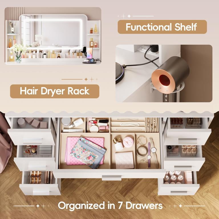 Homall Makeup Vanity Set with Mirror, Vanity Desk with LED Mirror & Charging Station, Vanity Table with Storage Drawers & Shelves for Bedroom Dressing Room, White