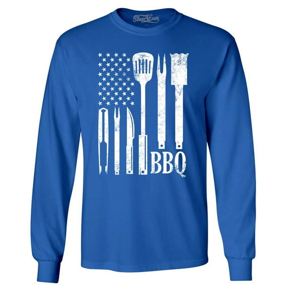 Shop4Ever Men's BBQ American Flag USA Grill Cook Long Sleeve Shirt Large Royal Blue