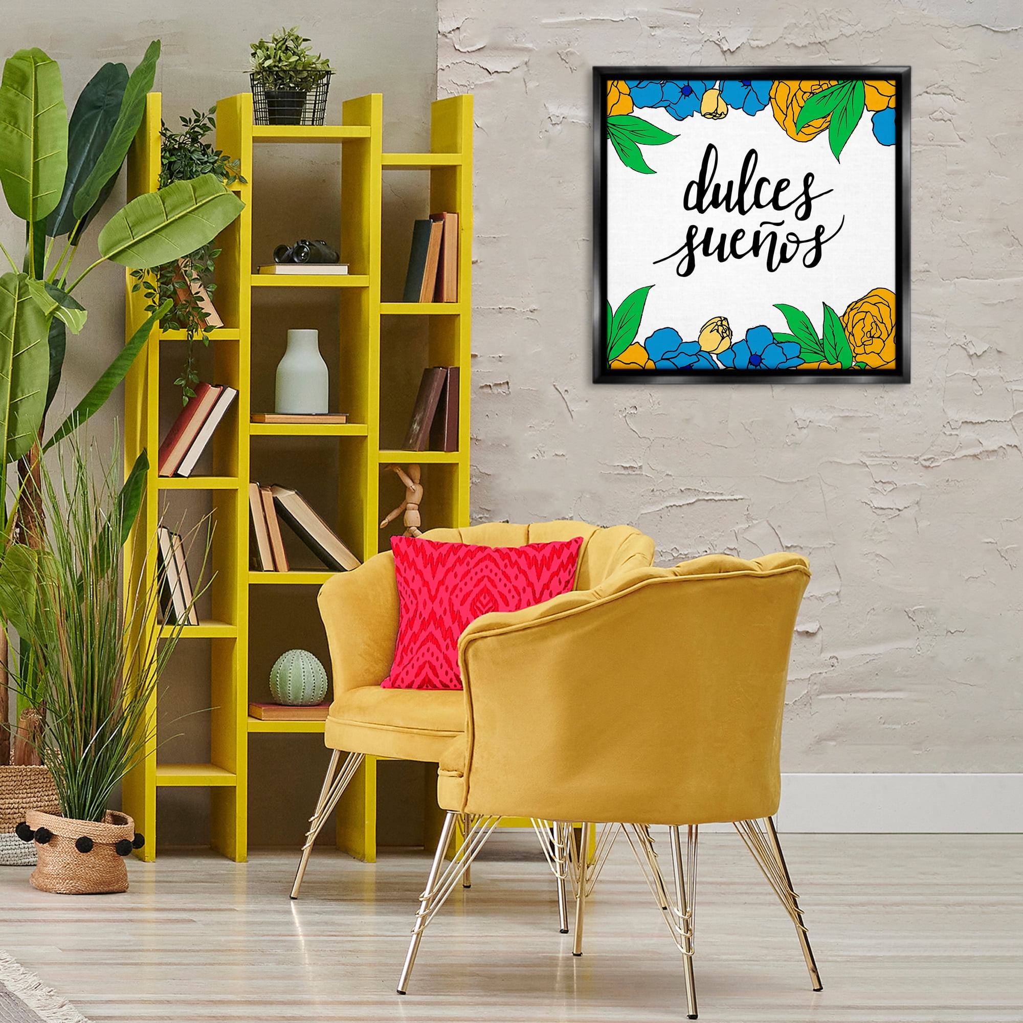 Stupell Industries Dulces Sueños Flores Tropicales Inspirational Quotes & Sayings Painting Black Floater Framed Art Print Wall Art, 25 x 25