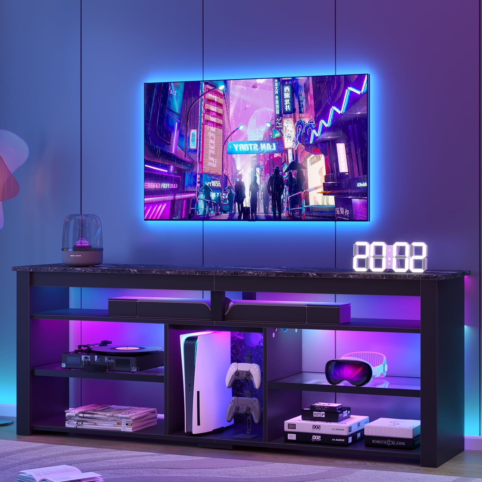 Bestier 63" Tall TV Stand with LED Lights, Entertainment Center for TV up to 70 inch, TV Console with Storage & Adjustable Shelves in Black Marble